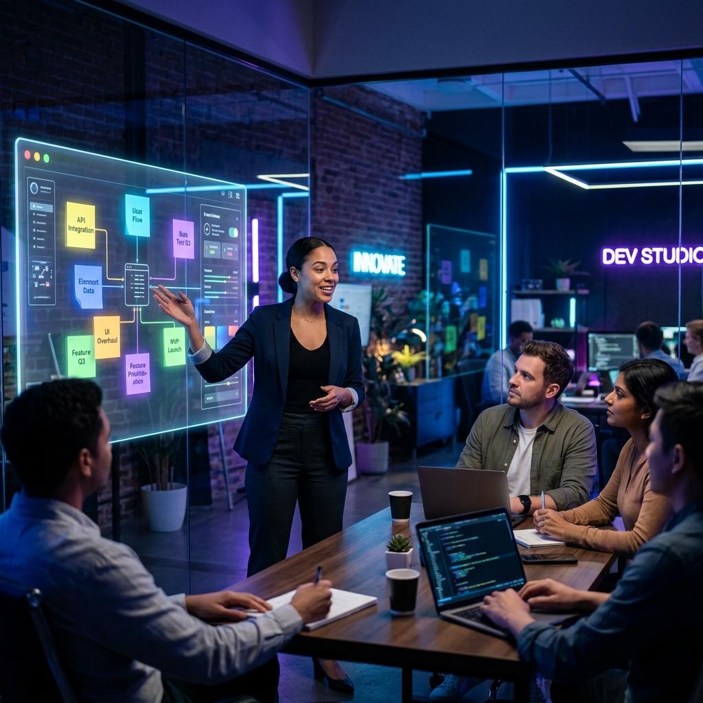 Girl explaining with sticky notes to group of people