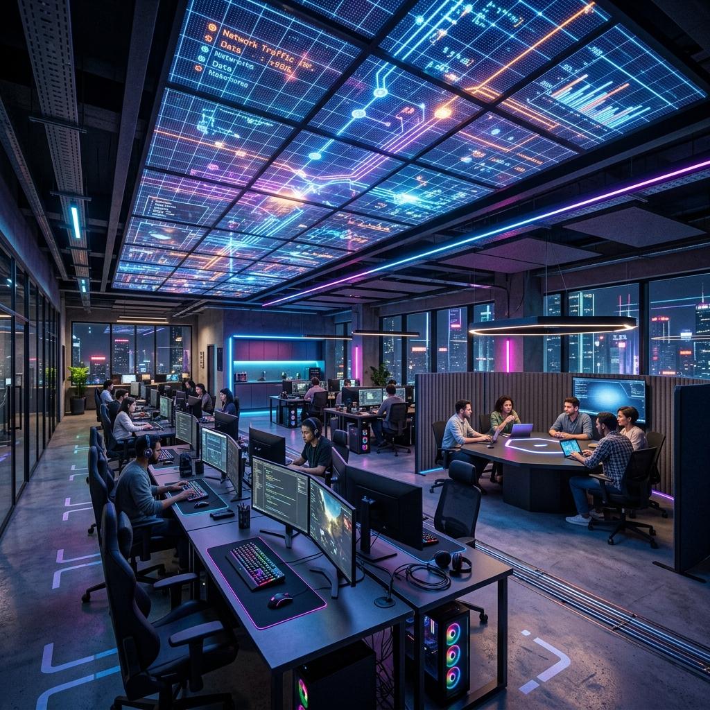 About Us: A modern open office with workstations, a futuristic ceiling display, and a collaborative workspace.