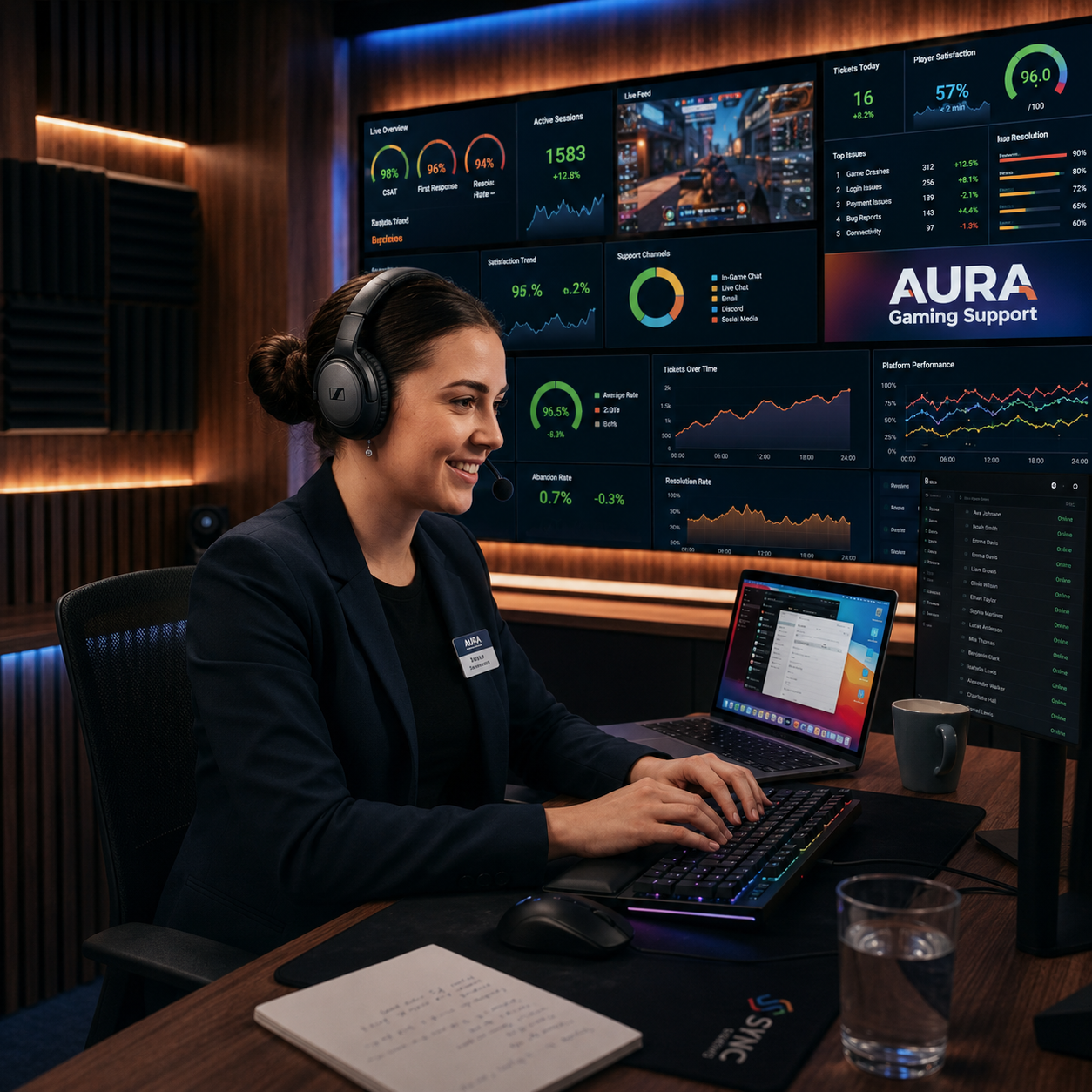Friendly Gaming Support Specialist in high-tech e-sports telemetry command center